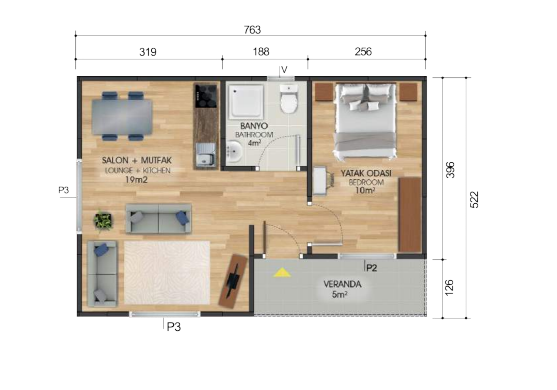 40 m2 prefabrik ev kat planı